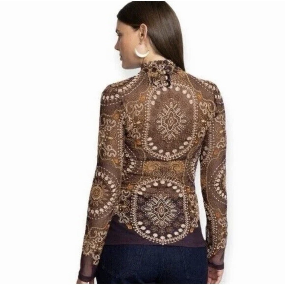 Johnny Was Jade M Loving Is Easy Mesh Embroidered Tee Top Brown High Neck - Picture 2 of 9